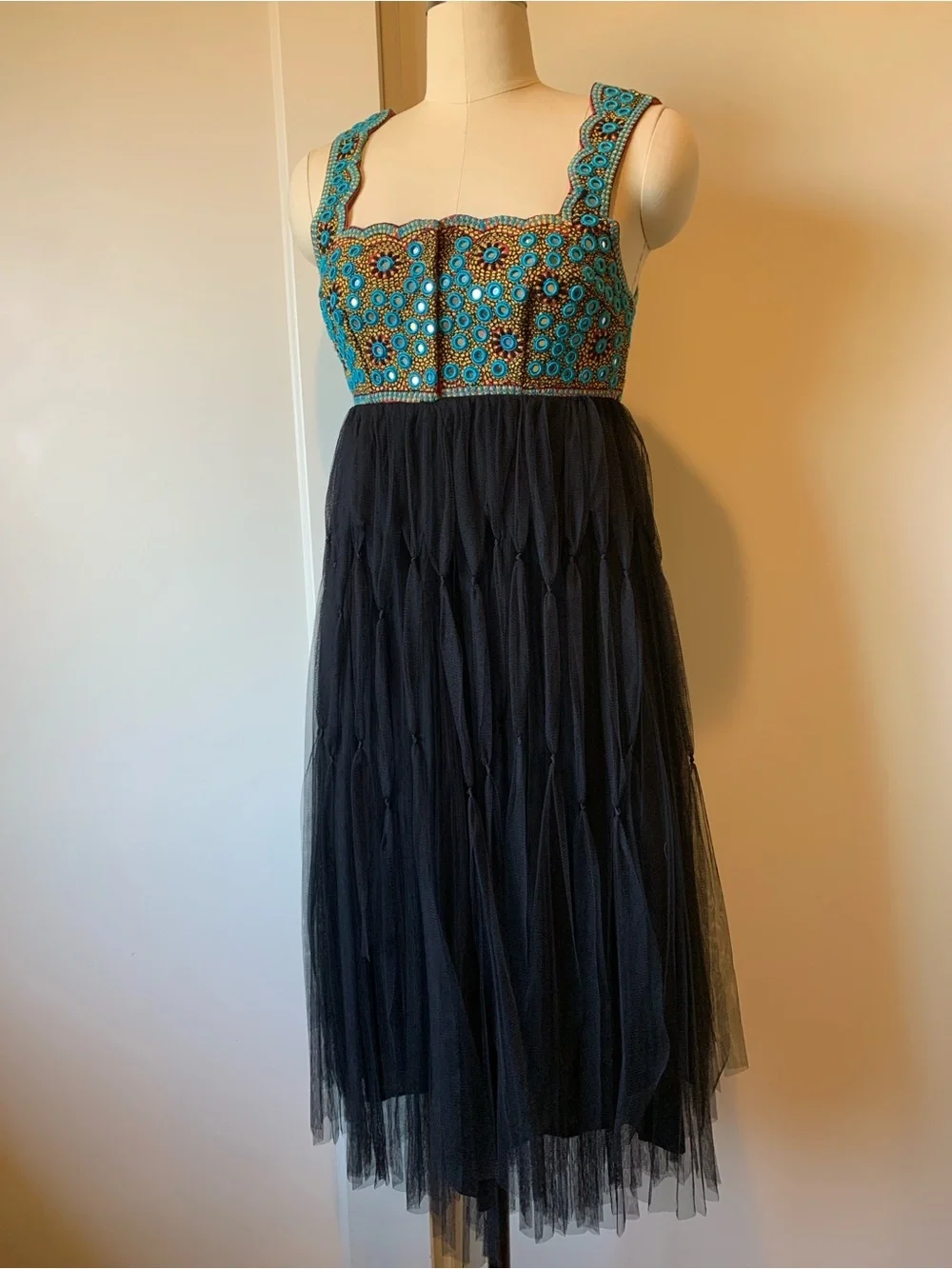 Free People Mirrored Turquoise & Gold Embroidered Dress with Black Net Skirt